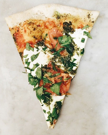 bruschetta slice ( pesto, pizza sauce, fresh mozzarella, tomatoes, and basil ) 